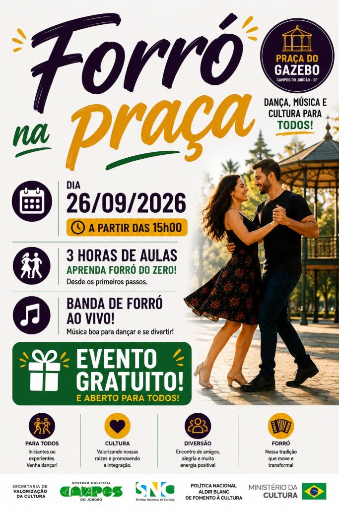 “Forró na Praça” com aulas gratuitas e show ao vivo na Praça do Gazebo